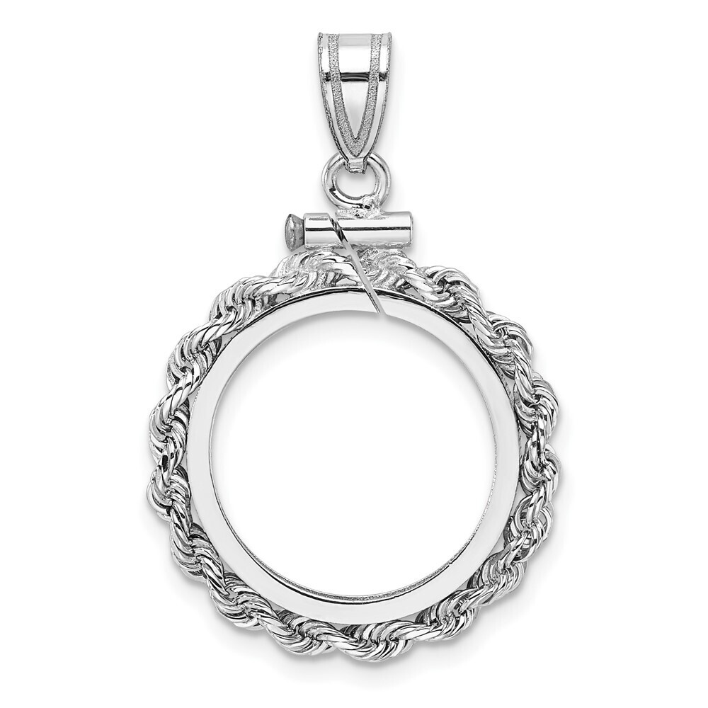 14k White Gold W Polished Rope 16.5mm X 1.35mm Screw Top Coin Bezel Pendant